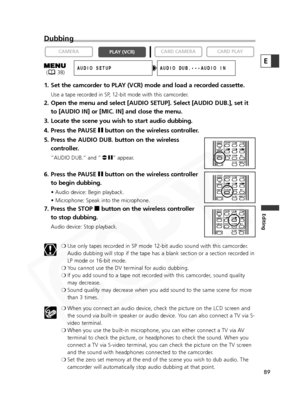 Page 89
89
Editing
E
Dubbing
1. Set the camcorder to PLAY (VCR) mode and load a recorded cassette.
Use a tape recorded in SP, 12-bit mode with this camcorder.
2. Open the menu and select [AUDIO SETUP]. Select [AUDIO DUB.], set itto [AUDIO IN] or [MIC. IN] and close the menu.
3. Locate the scene you wish to start audio dubbing.
4. Press the PAUSE  abutton on the wireless controller.
5. Press the AUDIO DUB. button on the wireless controller.
“AUDIO DUB.” and “ a” appear.
6. Press the PAUSE  abutton on the...