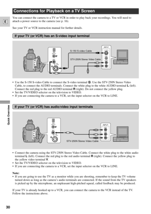 Page 3030
E
Quick Overview
If your TV (or VCR) has an S-video input terminal
Connections for Playback on a TV Screen
You can connect the camera to a TV or VCR in order to play back your recordings. You will need to
attach a power source to the camera (see p. 16).
See your TV or VCR instruction manual for further details.
A/V
VIDEO  S-VIDEO
INPUT
AUDIO
L
R
S-150 S-video Cable
STV-250N Stereo Video Cable
DVIN/OUT
IN/
OUT
¥ Use the S-150 S-video Cable to connect the S-video terminal d. Use the STV-250N Stereo...