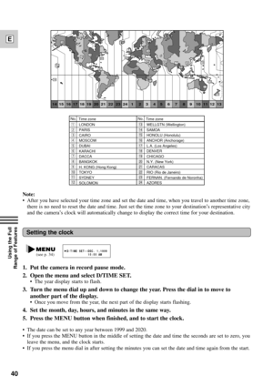 Page 4040
E
Using the Full 
Range of Features
Time zone
LONDON
PARIS
CAIRO
MOSCOW
DUBAI
KARACHI
DACCA
BANGKOK
H. KONG (Hong Kong)
TOKYO
SYDNEY
SOLOMONWELLGTN (Wellington)
SAMOA
HONOLU (Honolulu)
ANCHOR (Anchorage)
L.A. (Los Angeles)
DENVER
CHICAGO
N.Y. (New York)
CARACAS
RIO (Rio de Janeiro)
FERNAN. (Fernando de Noronha)
AZORES
No.
Time zone No.
Note:
¥ After you have selected your time zone and set the date and time, when you travel to another time zone,
there is no need to reset the date and time. Just set...