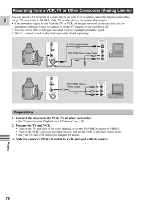 Page 7676
E
Editing
A/V
VIDEO  S-VIDEO
OUTPUT
AUDIO
L
R
S-150 S-video Cable
STV-250N Stereo Video Cable
DVIN/OUT
IN/
OUT
Recording from a VCR, TV or Other Camcorder (Analog Line-in)
You can record a TV program or a video played on your VCR or analog camcorder (digital camcorders,
see p. 75) onto a tape in the GL1, if the TV or other device has audio/video outputs.
¥ If an anomalous signal is sent from the TV or VCR, the images recorded on the tape may also be
anomalous (although it may not appear so on the TV...