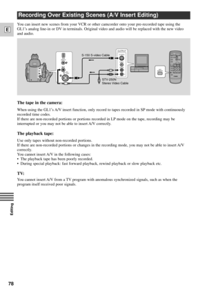 Page 7878
E
Editing
You can insert new scenes from your VCR or other camcorder onto your pre-recorded tape using the
GL1Õs analog line-in or DV in terminals. Original video and audio will be replaced with the new video
and audio.
Recording Over Existing Scenes (A/V Insert Editing)
The tape in the camera:
When using the GL1Õs A/V insert function, only record to tapes recorded in SP mode with continuously
recorded time codes. 
If there are non-recorded portions or portions recorded in LP mode on the tape,...