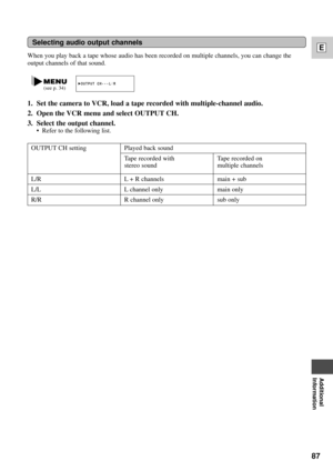 Page 8787
E
Additional
Information
When you play back a tape whose audio has been recorded on multiple channels, you can change the
output channels of that sound.
1. Set the camera to VCR, load a tape recorded with multiple-channel audio.
2. Open the VCR menu and select OUTPUT CH.
3. Select the output channel.
¥ Refer to the following list.
Selecting audio output channels
Tape recorded on 
multiple channels
main + sub
main only
sub only OUTPUT CH setting
L/R
L/L
R/R
Played back sound
Tape recorded with
stereo...