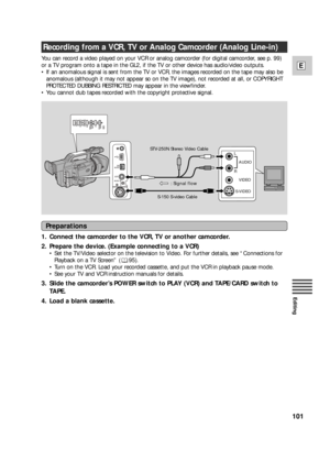 Page 101101
E
Editing
Preparations
1. Connect the camcorder to the VCR, TV or another camcorder.
2. Prepare the device. (Example connecting to a VCR)
•Set the TV/Video selector on the television to Video. For further details, see “Connections for
Playback on a TV Screen” ( 95).
•Turn on the VCR. Load your recorded cassette, and put the VCR in playback pause mode.
•See your TV and VCR instruction manuals for details.
3. Slide the camcorder’s POWER switch to PLAY (VCR) and TAPE/CARD switch to
TAPE.
4. Load a blank...