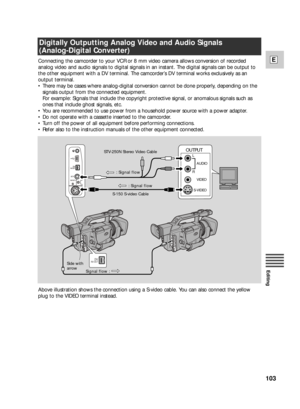 Page 103103
E
Editing
Connecting the camcorder to your VCR or 8 mm video camera allows conversion of recorded
analog video and audio signals to digital signals in an instant. The digital signals can be output to
the other equipment with a DV terminal. The camcorder’s DV terminal works exclusively as an
output terminal.
•There may be cases where analog-digital conversion cannot be done properly, depending on the
signals output from the connected equipment. 
For example: Signals that include the copyright...