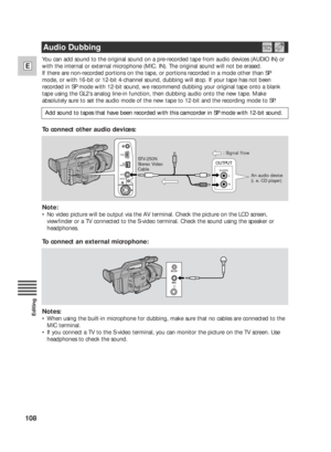 Page 108108
E
Editing
OUTPUT
AUDIO
L
R
You can add sound to the original sound on a pre-recorded tape from audio devices (AUDIO IN) or
with the internal or external microphone (MIC. IN). The original sound will not be erased.
If there are non-recorded portions on the tape, or portions recorded in a mode other than SP
mode, or with 16-bit or 12-bit 4-channel sound, dubbing will stop. If your tape has not been
recorded in SP mode with 12-bit sound, we recommend dubbing your original tape onto a blank
tape using...