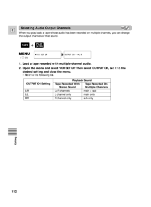 Page 112112
E
Editing
When you play back a tape whose audio has been recorded on multiple channels, you can change
the output channels of that sound.
1. Load a tape recorded with multiple-channel audio.
2. Open the menu and select VCR SET UP. Then select OUTPUT CH, set it to the
desired setting and close the menu.
•Refer to the following list.
OUTPUT CH••• L/RVCR SET UP
(20)
OUTPUT CH Setting
Tape Recorded With
Stereo SoundPlayback Sound
L+R channels main + sub L/R
L/L L channel only main only
R/R R channel only...