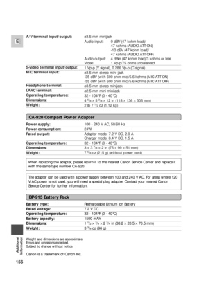 Page 156156
E
Additional
Information
A/V terminal input/output: 
S-video terminal input/output:
MIC terminal input: 
Headphone terminal: 
LANC terminal: 
Operating temperatures:
Dimensions:
Weight: ø3.5 mm minijack
Audio input: 0 dBV (47 kohm load)/ 
47 kohms (AUDIO ATT ON)
-10 dBV (47 kohm load)/
47 kohms (AUDIO ATT OFF)
Audio output: 4 dBm (47 kohm load)/3 kohms or less
Video: 1 Vp-p/75 ohms unbalanced
1 Vp-p (Y signal), 0.286 Vp-p (C signal)
ø3.5 mm stereo mini-jack
-35 dBV (with 600 ohm mic)/5.6 kohms (MIC...