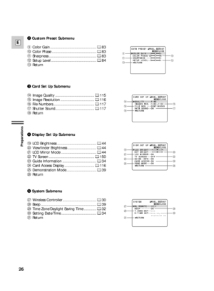 Page 2626
E
Preparations
QUALITY
IMAGES RES.
FILE NOS.
SHTR SOUND
 RETURNFINE
1488×1128
CONTINUOUS
ON CARD SET UPSEL. SETSET
MENUCLOSE•••••
•
•••
••!4
!6
!8!5!7
3Card Set Up Submenu
!4Image Quality ...................................... 115
!5Image Resolution ................................. 116
!6File Numbers ........................................ 117
!7Shutter Sound...................................... 117
!8Return
LCD BRIGHT
EVF BRIGHT
LCD MIRROR
TV SCREEN
GUIDE INFO
CARD ACCESS
DEMO MODE
 RETURN DISP....