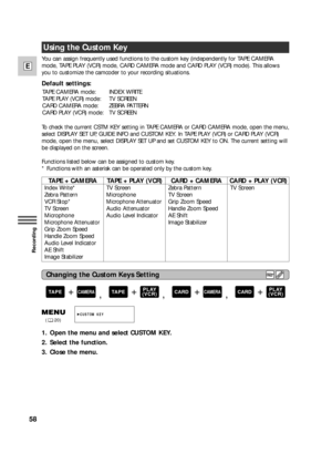 Page 5858
E
Recording
1. Open the menu and select CUSTOM KEY.
2. Select the function.
3. Close the menu.
+
,+
,+
,+PLAY
(VCR)CARDCAMERACARDPLAY
(VCR)TAPECAMERATAPE
CUSTOM KEY
(20)
Using the Custom Key
You can assign frequently used functions to the custom key (independently for TAPE CAMERA
mode, TAPE PLAY (VCR) mode, CARD CAMERA mode and CARD PLAY (VCR) mode). This allows
you to customize the camcoder to your recording situations.
Default settings:
To check the current CSTM KEY setting in TAPE CAMERA or CARD...