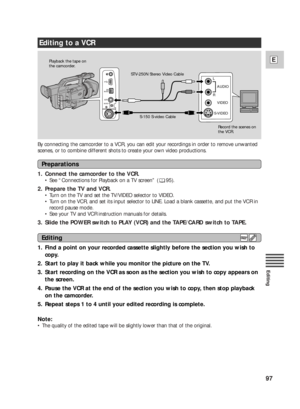 Page 9797
E
Editing
S-VIDEOVIDEO
R L
AUDIO
Editing to a VCR
1. Find a point on your recorded cassette slightly before the section you wish to
copy.
2. Start to play it back while you monitor the picture on the TV.
3. Start recording on the VCR as soon as the section you wish to copy appears on
the screen.
4. Pause the VCR at the end of the section you wish to copy, then stop playback
on the camcorder.
5. Repeat steps 1 to 4 until your edited recording is complete.
Note:
•The quality of the edited tape will be...