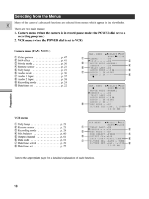 Page 18Preparation
18
E
Selecting from the Menus
Many of the cameraÕs advanced functions are selected from menus which appear in the viewfinder.
There are two main menus:
1. Camera menu (when the camera is in record pause mode: the POWER dial set to a
recording program.)
2. VCR menu (when the POWER dial is set to VCR)
Camera menu (CAM. MENU)
1Zebra pattern  . . . . . . . . . . . . . . . . . . .p. 47
216:9 effect  . . . . . . . . . . . . . . . . . . . . .p. 41
3Movie mode  . . . . . . . . . . . . . . . . . . ....