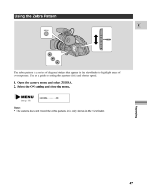 Page 47Recording
E
47
The zebra pattern is a series of diagonal stripes that appear in the viewfinder to highlight areas of
overexposure. Use as a guide to setting the aperture (iris) and shutter speed.
1. Open the camera menu and select ZEBRA.
2. Select the ON setting and close the menu.
Using the Zebra Pattern
POWER
VCR
OFF
Tv
Av
MA
MENU
ZEBRA¥¥¥¥¥¥¥ON(see p. 18)
Note:
¥ The camera does not record the zebra pattern, it is only shown in the viewfinder. 