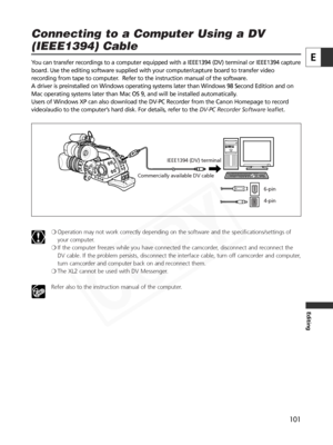 Page 101
101
E
Editing
You can transfer recordings to a computer equipped with a IEEE1394 (DV)\
 terminal or IEEE1394 capture
board. Use the editing software supplied with your computer/capture board to transfer video
recording from tape to computer.  Refer to the instruction manual of the software. 
A driver is preinstalled on Windows operating systems later than Windows 98 Second Edition and on
Mac operating systems later than Mac OS 9, and will be installed automat\
ically.
Users of Windows XP can also...