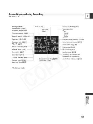 Page 105
105
E
Additional
Information
Screen Displays during Recording
See also  34.

Audio level indicator ( 53)
Remote sensor mode (
 95)
Interval timer (  79)
Frame rate (  44)
Audio mode (  50)
DV control (
 82)
Accessory attached to the 
advanced accessory shoe 
Character recording (    83)/
End search (    37) Condensation warning (
 110)
Tape operation
REC
PAUSE
STOP
EJECT
Self-timer
(
 81)
Gain (
 63)
Recording mode (    83)
Zoom position/
zoom speed (    38)/
exposure level (    60)
Programmed AE (...