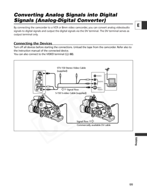Page 99
99
E
Editing
Converting Analog Signals into Digital
Signals (Analog-Digital Converter)

By connecting the camcorder to a VCR or 8mm video camcorder, you can convert analog video/audio
signals to digital signals and output the digital signals via the DV ter\
minal. The DV terminal serves as
output terminal only. 
Connecting the Devices
Turn off all devices before starting the connections. Unload the tape from the camcorder. Refer also to
the instruction manual of the connected device.
You can also...