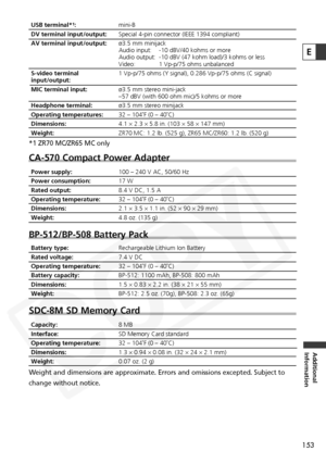 Page 153
153
Additional
Information
E
Weight and dimensions are approximate. Errors and omissions excepted. Sub\
ject to
change without notice.
SDC-8M SD Memory Card

8 MB
SD Memory Card standard
32 – 104˚F (0 – 40˚C)
1.3 × 0.94  × 0.08 in. (32  × 24  × 2.1 mm)
0.07 oz. (2 g)
Capacity:
Interface:
Operating temperature:
Dimensions:
Weight:

mini-B
Special 4-pin connector (IEEE 1394 compliant)
ø3.5 mm minijack
Audio input: -10 dBV/40 kohms or more
Audio output: -10 dBV (47 kohm load)/3 kohms or less
Video: 1...