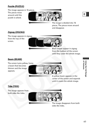 Page 63
63
Using the Full Range 
of Features
E
Puzzle (PUZZLE)
Zigzag (ZIGZAG)
Beam (BEAM)
Tide (TIDE)

The image appears in 16 pieces.
The pieces move 
around until the 
puzzle is solved.The image is divided into 16
pieces. The pieces move around
and disappear.
The image appears in zigzag
from the top of the 
screen. Black stripes appear in zigzag
from the bottom of the screen
until they cover the whole image.
The screen turns yellow, forms
a beam that becomes 
thinner and the image 
appears. A yellow beam...