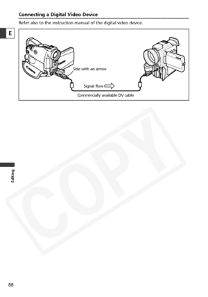 Page 88
88
Editing
Connecting a Digital Video Device
Refer also to the instruction manual of the digital video device.
E

Side with an arrowCommercially available DV cable Signal flow  