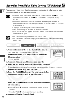 Page 90
90

Editing
E

Recording from Digital Video Devices (DV Dubbing)
You can record from other digital video devices equipped with a DV termin\
al with
virtually no loss in picture and sound quality. ❍When recording from digital video devices, make sure that “AV  \DV” is not
displayed on the screen. If “AV  \DV” is displayed, change the setting 
( 93).
❍ Anomalous signals sent from the connected device may be recorded as
anomalous picture (although it may not appear so on the screen), or it may not
be...