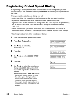 Page 786-8Speed Dialing Chapter 6
Registering Coded Speed Dialing
By registering a fax/telephone number under a coded speed dialing code, you can
simplify dialing of that number to pressing 
Coded Dialand entering the registered two-
digit code.
When you register coded speed dialing, you will:
–assign one of the 100 codes for the fax/telephone number you want to register.
–register the fax/telephone number under that coded speed dialing code.
–register a name for the coded speed dialing code. This name appears...