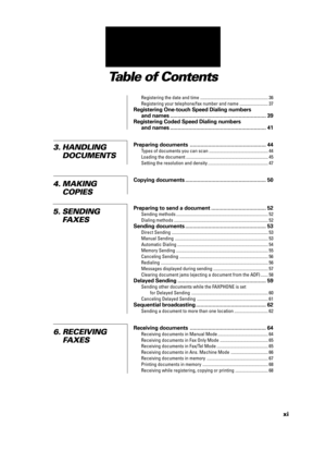 Page 11xi
Table of Contents
Registering the date and time .............................................................. 36
Registering your telephone/fax number and name .......................... 37
Registering One-touch Speed Dialing numbers
and names............................................................... 39
Registering Coded Speed Dialing numbers
and names............................................................... 41
Preparing documents.................................................. 44
Types...