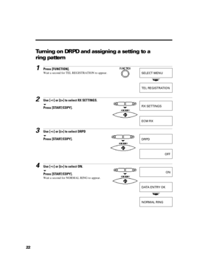 Page 3422Turning on DRPD and assigning a setting to a
ring pattern1Press [FUNCTION].
Wait a second for TEL REGISTRATION to appear.2Use [] or [] to select RX SETTINGS.tPress [START/COPY].3Use [] or [] to select DRPD
tPress [START/COPY].4Use [] or [] to select ON.
tPress [START/COPY].
Wait a second for NORMAL RING to appear.SELECT MENUTEL REGISTRATIONRX SETTINGSECM RXDRPDOFFONDATA ENTRY OKNORMAL RING 