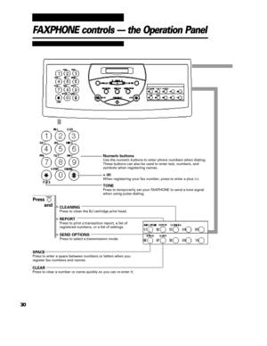 Page 4130SPACE
Press to enter a space between numbers or letters when you
register fax numbers and names.
CLEAR
Press to clear a number or name quickly so you can re-enter it.CLEANING
Press to clean the BJ cartridge print head.
REPORT
Press to print a transaction report, a list of
registered numbers, or a list of settings.
SEND OPTIONS
Press to select a transmission mode.FAXPHONE controls — the Operation PanelNumeric buttons
Use the numeric buttons to enter phone numbers when dialing.
These buttons can also be...