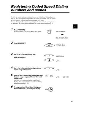 Page 52412Registering Coded Speed Dialing
numbers and names
To dial a fax number at the press of three buttons, use Coded Speed Dialing. Each two-
digit (01-20) Coded Speed Dialing number can contain a fax number. You can register
up to 20 locations with each number containing up to 50 digits.
You can also register the name of the party (up to 16 characters); the name appears on
the printout of the Coded Speed Dialing list. See Coded Speed Dialing list, p. 81.1Press [FUNCTION].
Wait a second for TEL...