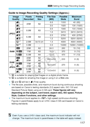 Page 117117
3 Setting the Image-Recording Quality
Guide to Image-Recording Quality Settings (Approx.)
*1:b is suitable for playing the images on a digital photo frame.
*2: c is suitable for emailing the im age or using it on a Web site.
  b and c  will be in 7  (Fine) quality.
  The file size, possible sh ots, and maximum burst duri ng continuous shooting 
are based on Canon’s testing standards (3:2 aspect ratio, ISO 100 and 
Standard Picture Style)  using an 8 GB card. These figures will vary 
depending on the...