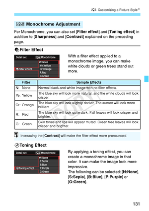 Page 131131
A Customizing a Picture Style N
For Monochrome, you can also set [ Filter effect] and [Toning effect] in 
addition to [ Sharpness] and [Contrast ] explained on the preceding 
page.
kFilter Effect
With a filter effect applied to a 
monochrome image, you can make 
white clouds or green trees stand out 
more. 
lToning Effect
By applying a toning effect, you can 
create a monochrome image in that 
color. It can make the image look more 
impressive.
The following can be selected: [ N:None], 
[S:Sepia ],...