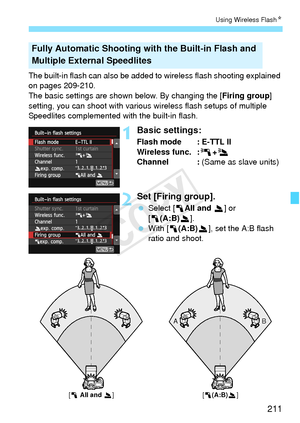 Page 211211
Using Wireless FlashN
The built-in flash can also  be added to wireless flash shooting explained 
on pages 209-210.
The basic settings are shown below. By changing the [ Firing group] 
setting, you can shoot with various wireless flash setups of multiple 
Speedlites complemented with the built-in flash.
1Basic settings:
Flash mode : E-TTL II
Wireless func. : 0+3
Channel :  (Same as slave units)
2Set [Firing group].
 Select [1 All and 2] or 
[1 (A:B) 2].
  With [ 1(A:B) 2], set the A:B flash 
ratio...