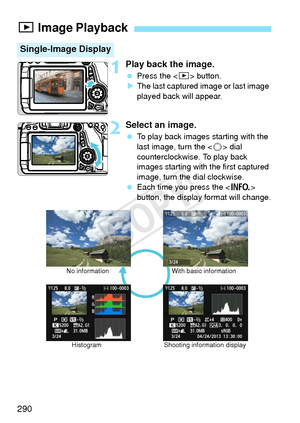 Page 290290
1Play back the image.
 Press the < x> button.
X The last captured image or last image 
played back will appear.
2Select an image.
  To play back images starting with the 
last image, turn the < 5> dial 
counterclockwise. To play back 
images starting with the first captured 
image, turn the dial clockwise.
  Each time you press the < B> 
button, the display format will change.
x  Image Playback
Single-Image Display
No information
Histogram With basic information
Shooting information display
COPY  