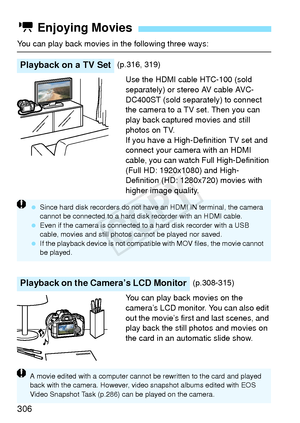 Page 306306
You can play back movies in the following three ways:Use the HDMI cable HTC-100 (sold 
separately) or stereo AV cable AVC-
DC400ST (sold separately) to connect 
the camera to a TV set. Then you can 
play back captured movies and still 
photos on TV.
If you have a High-Definition TV set and 
connect your camera with an HDMI 
cable, you can watch Full High-Definition 
(Full HD: 1920x1080) and High-
Definition (HD: 1280x720) movies with 
higher image quality.
You can play back movies on the 
camera’s...