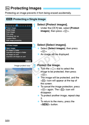 Page 320320
Protecting an image prevents it from being erased accidentally.
1Select [Protect images].
 Under the [ 31] tab, select [Protect 
images ], then press < 0>.
2Select [Select images].
  Select [Select images ], then press 
< 0 >.
X An image will be displayed.
3Protect the image.
  Turn the < 5> dial to select the 
image to be protected, then press 
< 0 >.
X The image will be protected, and the 
 icon will appear at the top of 
the screen.
  To cancel the image protection, press 
 again. The < K> icon...