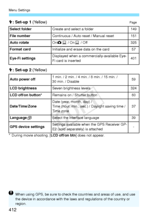 Page 412Menu Settings
412
5: Set-up 1  (Yellow)Page
5: Set-up 2  (Yellow)
* During movie shooting, [ LCD off/on btn] does not appear.
Select folder
Create and select a folder149
File number
Continuous / Auto re set / Manual reset151
Auto rotate
On zD  / On D / Off325
Format card
Initialize and erase data on the card57
Eye-Fi settings
Displayed when a comme rcially-available Eye-
Fi card is inserted401
Auto power off
1 min. / 2 min. / 4 min. / 8 min. / 15 min. / 
30 min. / Disable59
LCD brightness
Seven...