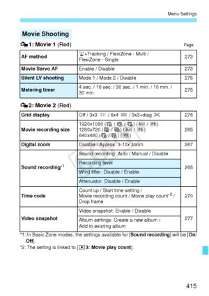 Page 415415
Menu Settings
Z1: Movie 1 (Red)Page
Z2: Movie 2 (Red)
*1: In Basic Zone modes, th e settings available for [Sound recording] will be [On/
Off ].
*2: The setting is linked to [ x3: Movie play count ].
Movie Shooting
AF methodu+Tracking / FlexiZone - Multi / 
FlexiZone - Single273
Movie Servo AF
Enable / Disable273
Silent LV shootingMode 1 / Mode 2 / Disable275
Metering timer4 sec. / 16 sec. / 30 se c. / 1 min. / 10 min. / 
30 min.275
Grid display
Off / 3x3 l / 6x4  m / 3x3+diag  n276
Movie recording...