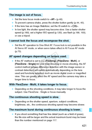 Page 421421
Troubleshooting Guide
 Set the lens focus mode switch to < AF> (p.40).
  To prevent camera shake, press t he shutter button gently (p.44, 45).
  If the lens has an Image Stabilizer, set the IS switch to < 1>.
  In low light, the shutter speed may  become slow. Use a faster shutter 
speed (p.160), set a higher ISO speed  (p.120), use flash (p.188, 193), 
or use a tripod.
  Set the AF operation to One-Shot AF . Focus lock is not possible in the 
AI Servo AF mode, or when servo ta kes effect in AI Focus...