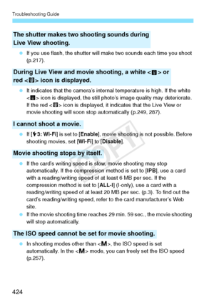 Page 424Troubleshooting Guide
424
 If you use flash, the shutter will ma ke two sounds each time you shoot 
(p.217).
  It indicates that the camera’s intern al temperature is high. If the white 
< > icon is displayed, the still ph oto’s image quality may deteriorate. 
If the red < E> icon is displayed, it indicates that the Live View or 
movie shooting will soon stop  automatically (p.249, 287).
  If [53: Wi-Fi ] is set to [Enable], movie shooting is not possible. Before 
shooting movies, set [ Wi-Fi] to...