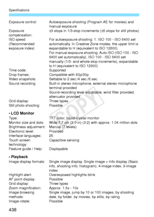 Page 438Specifications
438
Exposure control: Autoexposure shooting (Program AE for movies) and 
manual exposure
Exposure 
compensation: ±3 stops in 1/3-stop incremen
ts (±5 stops for still photos)
ISO speed:(Recommended 
exposure index)For autoexposure shooting: 1. ISO 100 - ISO 6400 set 
automatically. In Creative Zo
ne modes, the upper limit is 
expandable to H (equiv alent to ISO 12800).
For manual exposure  shooting: Auto ISO (ISO 100 - ISO 
6400 set automatically), ISO 100 - ISO 6400 set 
manually (1/3- and...