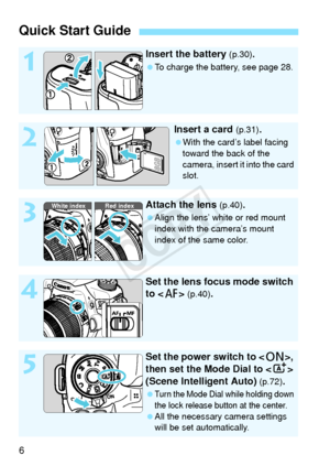 Page 66
Quick Start Guide
1
Insert the battery (p.30).
 To charge the battery, see page 28.
2
Insert a card (p.31).
 With the card’s label facing 
toward the back of the 
camera, insert it into the card 
slot.
3
Attach the lens (p.40).
  Align the lens’ white or red mount 
index with the camera’s mount 
index of the same color.
4
Set the lens focus mode switch 
to  
(p.40).
5
Set the power switch to < 1>, 
then set the Mode Dial to < A> 
(Scene Intelligent Auto)
 (p.72).
 Turn the Mode Dial while holding down...