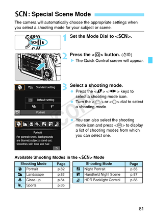 Page 8181
The camera will automatically choose the appropriate settings when 
you select a shooting mode for your subject or scene.
1Set the Mode Dial to .
2Press the < Q> button. (7 )
X The Quick Control screen will appear.
3Select a shooting mode.
  Press the < V>  keys to 
select a shooting mode icon.
  Turn the < 6> or  dial to select 
a shooting mode.
  You can also select the shooting 
mode icon and press < 0> to display 
a list of shooting modes from which 
you can select one.
Available Shooting Modes in...