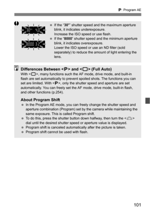 Page 101101
d: Program AE
 If the “ 30” shutter speed and the maximum aperture 
blink, it indicates underexposure.
Increase the ISO speed or use flash.
 If the “ 8000” shutter speed and the minimum aperture 
blink, it indicates overexposure.
Lower the ISO speed or use an ND filter (sold 
separately) to reduce the amount of light entering the 
lens.
Differences Between < d> and < 1> (Full Auto)With < 1>, many functions such the AF mode, drive mode, and built-in 
flash are set automatically to prevent  spoiled...