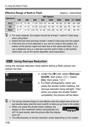 Page 116116
D Using the Built-in Flash
Effective Range of Built-in Flash[Approx. meters/feet]
Using the red-eye reduction lamp  before taking a flash picture can reduce red eye.
Under the [1 ] tab, select [Red-eye 
On/Off ], then press < 0>. Select 
[On ], then press < 0>.

For flash photography, when you 
press the shutter button halfway, the 
red-eye reduction lamp will light. Then 
when you press the shutter button 
completely, the picture will be taken.
ApertureISO Speed
100200400800160032006400H: 12800...