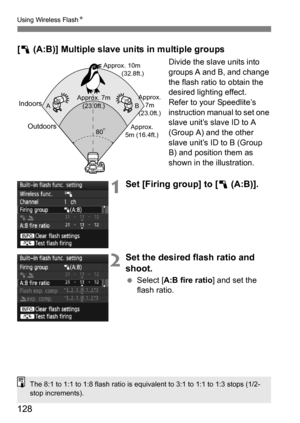 Page 128128
Using Wireless FlashN
[1  (A:B)] Multiple slave units in multiple groups 
Divide the slave units into 
groups A and B, and change 
the flash ratio to obtain the 
desired lighting effect.
Refer to your Speedlite’s 
instruction manual to set one 
slave unit’s slave ID to A 
(Group A) and the other 
slave unit’s ID to B (Group 
B) and position them as 
shown in the illustration.
1Set [Firing group] to [1  (A:B)].
2Set the desired flash ratio and 
shoot.
Select [ A:B fire ratio] and set the 
flash...