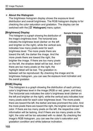 Page 168168
x Image Playback
About the Histogram
The brightness histogram display shows the exposure level 
distribution and overall brightness.  The RGB histogram display is for 
checking the color saturation and gradation. The display can be 
switched with the [ 4 Histogram] menu option.
[Brightness] Display
This histogram is a graph showing the distribution of 
the image’s brightness level. The horizontal axis 
indicates the bright
ness level (darker on the left 
and brighter on the right), while the...