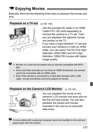 Page 177177
Basically, there are the following three ways to playback the movies you shot.
Use the provided AV cable or an HDMI 
Cable HTC-100 (sold separately) to 
connect the camera to a TV set. Then 
you can playback the captured movies 
and photos on the TV.
If you have a High-Definition TV set and 
connect your camera to it with an HDMI 
cable, you can watch Full HD (Full High-
Definition 1920x1080) and HD (High-
Definition 1280x720) movies with higher 
image quality.
You can playback the movie on the...