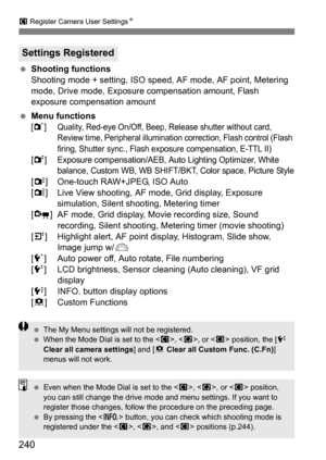 Page 240240
w Register Camera User Settings N
Shooting functions
Shooting mode + setting, ISO speed, AF mode, AF point, Metering 
mode, Drive mode, Exposure compensation amount, Flash 
exposure compensation amount
 Menu functions
[1] Quality, Red-eye On/Off, Beep, Release shutter without card, 
Review time, Peripheral illumination correction, Flash control (Flash 
firing, Shutter sync., Flash exposure compensation, E-TTL II)
[2] Exposure compensation/AEB, Auto Lighting Optimizer, White balance, Custom WB, WB...