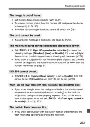 Page 263263
Troubleshooting Guide
Set the lens focus mode switch to < AF> (p.31).
 To prevent camera shake, hold the camera still and press the shutter 
button gently (p.34, 35).
 If the lens has an Image Stabilizer, set the IS switch to < 1>.
 If a card error message is displayed, see page 30 or 267.
 Set [ 8C.Fn II -2: High ISO speed noise reduction ] to one of the 
following settings: [ Standard], [Low ] or  [Disable]. If it is set to [ High], 
the maximum burst during continuous shooting will decrease...