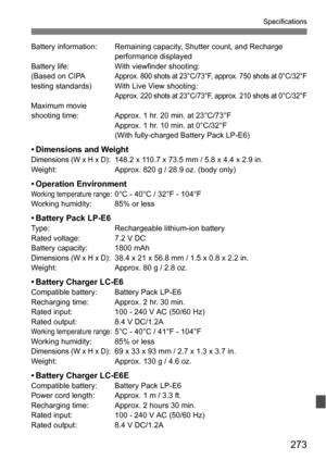 Page 273273
Specifications
Battery information: Remaining capacity, Shutter count, and Recharge performance displayed
Battery life: With viewfinder shooting:
(Based on CIPA 
Approx. 800 shots at 23°C/73°F, approx. 750 shots at 0°C/32°Ftesting standards) With Live View shooting:Approx. 220 shots at 23°C/73°F, approx. 210 shots at 0°C/32°FMaximum movie  shooting time:Approx. 1 hr. 20 min. at 23°C/73°F
Approx. 1 hr. 10 min. at 0°C/32°F
(With fully-charged Battery Pack LP-E6)
• Dimensions and WeightDimensions (W x H...