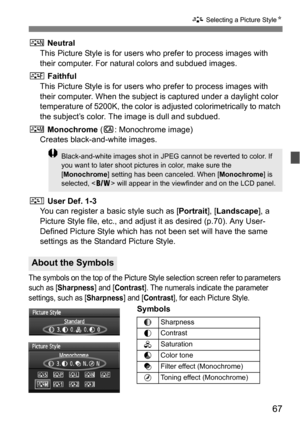 Page 6767
A Selecting a Picture Style N
S Neutral
This Picture Style is for users who prefer to process images with 
their computer. For natural colors and subdued images.
U  Faithful
This Picture Style is for users who prefer to process images with 
their computer. When the subject is captured under a daylight color 
temperature of 5200K, the color is adjusted colorimetrically to match 
the subject’s color. The  image is dull and subdued.
V Monochrome  (C : Monochrome image)
Creates black-and-white images.
W...